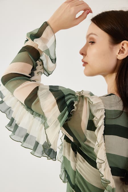 Koai Beige Chiffon V-neck Stripe Pattern Maxi Dress at Aza Fashions Koai_Beige Chiffon V-neck Stripe Pattern Maxi Dress _at_Aza_Fashions