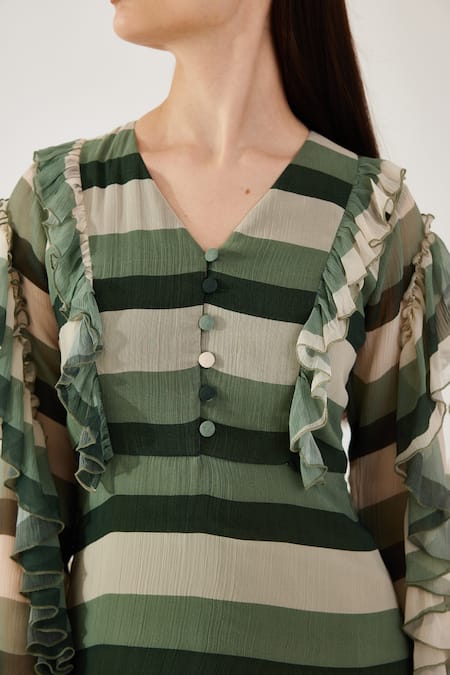 Buy Koai Beige Chiffon V-neck Stripe Pattern Maxi Dress Buy_Koai_Beige Chiffon V-neck Stripe Pattern Maxi Dress