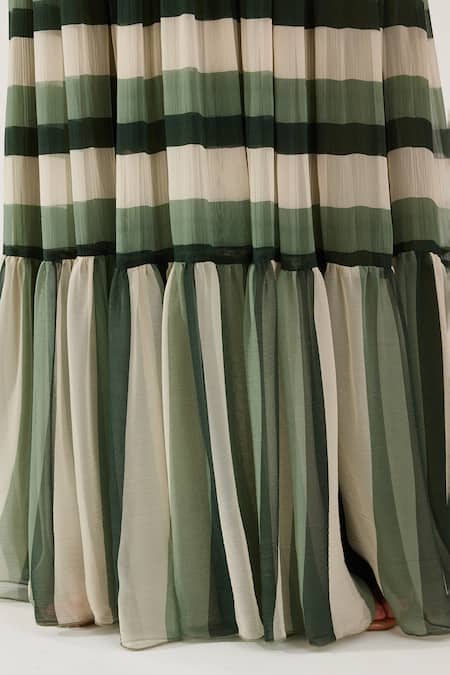 Shop Koai Beige Chiffon V-neck Stripe Pattern Maxi Dress Shop_Koai_Beige Chiffon V-neck Stripe Pattern Maxi Dress