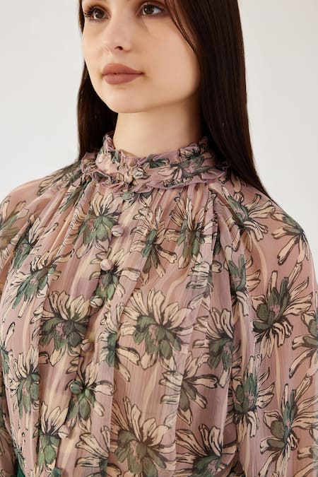 Koai Peach Chiffon Embroidery Racerback Floral Pattern Shirt at Aza Fashions Koai_Peach Chiffon Embroidery Racerback Floral Pattern Shirt _at_Aza_Fashions