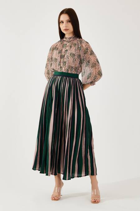 Koai_Peach Cotton, Silk Crinkled Stripe Pattern Skirt _Online_at_Aza_Fashions