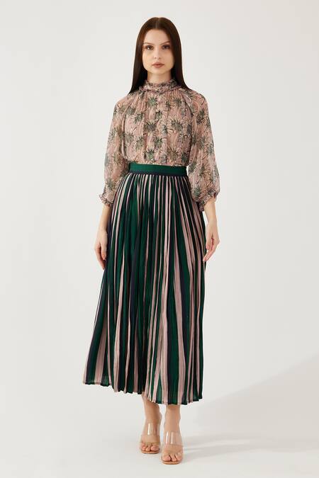 Shop_Koai_Peach Cotton, Silk Crinkled Stripe Pattern Skirt _Online_at_Aza_Fashions