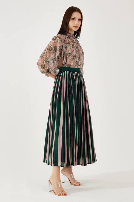 Koai_Peach Cotton, Silk Crinkled Stripe Pattern Skirt _at_Aza_Fashions