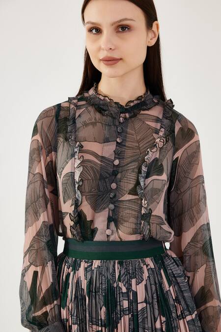 Koai Peach Chiffon Embroidery Round Neck Frilled Floral Pattern Shirt Online at Aza Fashions Koai_Peach Chiffon Embroidery Round Neck Frilled Floral Pattern Shirt _Online_at_Aza_Fashions