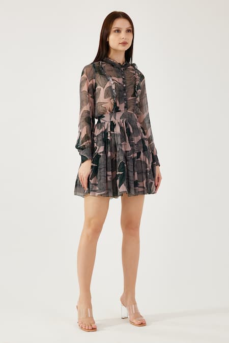 Shop Koai Peach Chiffon Embroidery Round Neck Frilled Floral Pattern Shirt Online at Aza Fashions Shop_Koai_Peach Chiffon Embroidery Round Neck Frilled Floral Pattern Shirt _Online_at_Aza_Fashions