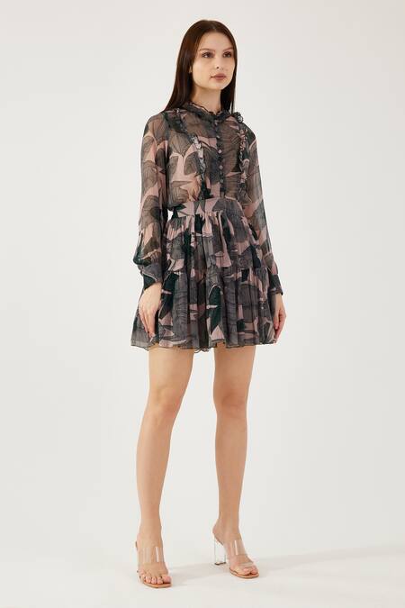 Buy_Koai_Peach Cotton, Silk Embroidery Floral Pattern Tiered Skirt _Online_at_Aza_Fashions