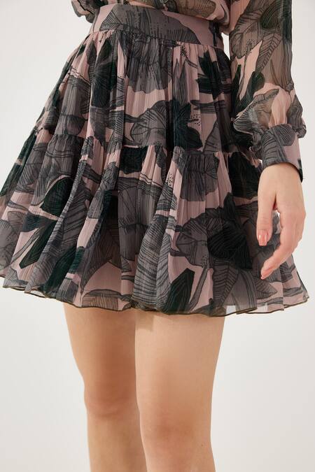 Shop_Koai_Peach Cotton, Silk Embroidery Floral Pattern Tiered Skirt _Online_at_Aza_Fashions