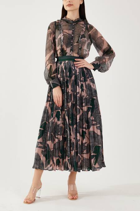 Koai_Peach Cotton, Silk Embroidery Floral Pattern Pleated Skirt _Online_at_Aza_Fashions