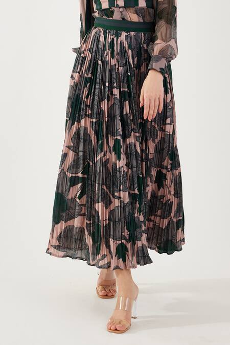 Buy_Koai_Peach Cotton, Silk Embroidery Floral Pattern Pleated Skirt _Online_at_Aza_Fashions