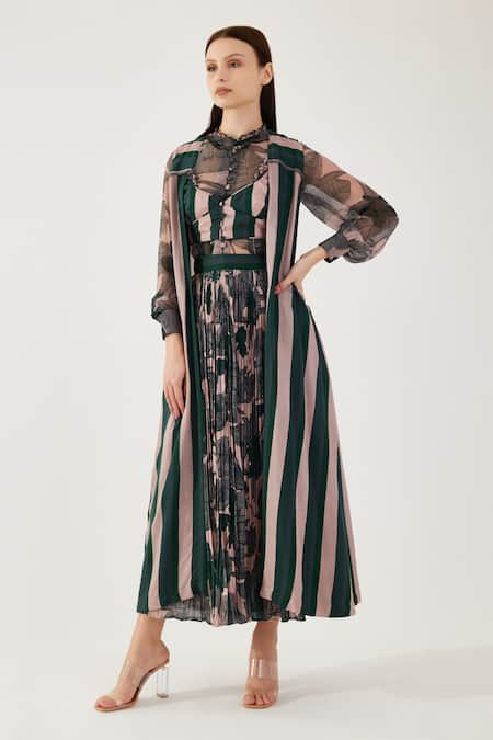 Koai_Peach Barcode Stripe Pattern Cape _Online_at_Aza_Fashions