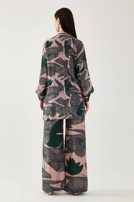 Shop_Koai_Beige Heavy Cotton Silk Floral Olive Pattern Pant _at_Aza_Fashions