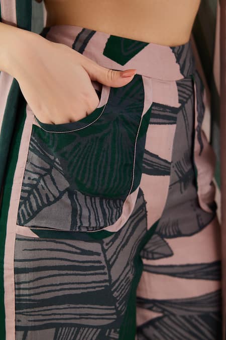 Koai_Beige Heavy Cotton Silk Floral Olive Pattern Pant _Online_at_Aza_Fashions