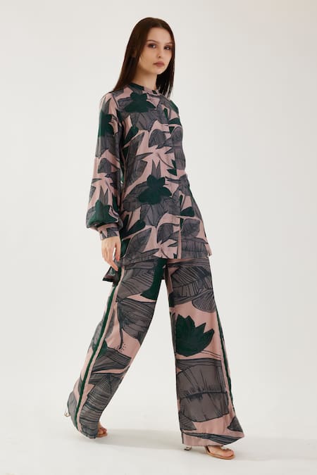 Shop_Koai_Beige Heavy Cotton Silk Floral Olive Pattern Pant _Online_at_Aza_Fashions