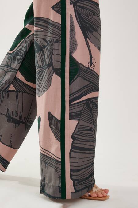 Koai_Beige Heavy Cotton Silk Floral Olive Pattern Pant _at_Aza_Fashions
