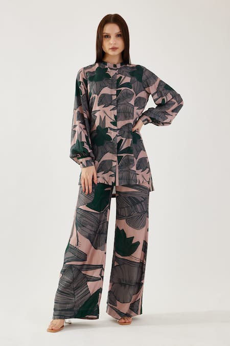 Koai Beige Cotton, Silk Embroidery Collared Tropical Floral Pattern Shirt