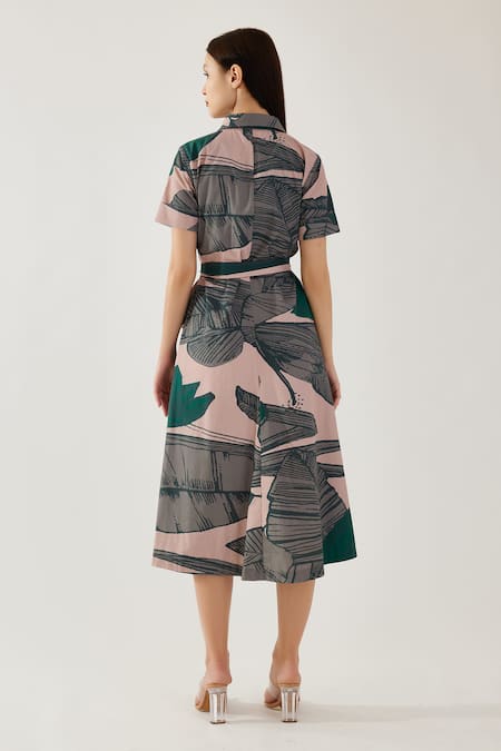 Shop Koai Beige Cotton Collared Tropical Pattern Shirt Dress at Aza Fashions Shop_Koai_Beige Cotton Collared Tropical Pattern Shirt Dress _at_Aza_Fashions