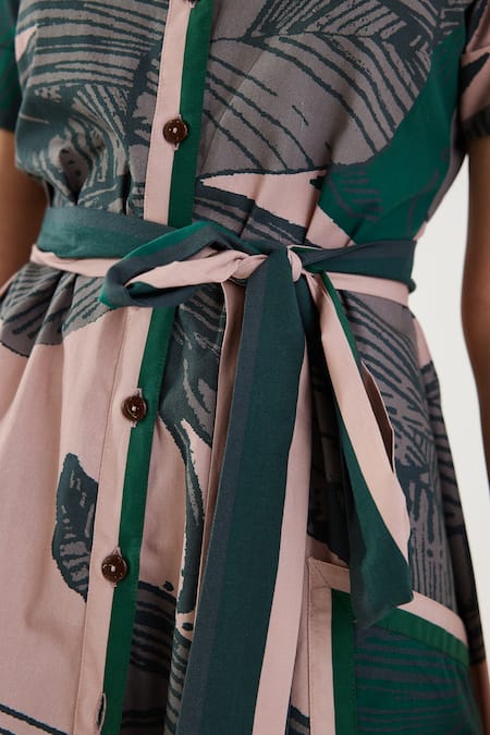 Koai Beige Cotton Collared Tropical Pattern Shirt Dress Online at Aza Fashions Koai_Beige Cotton Collared Tropical Pattern Shirt Dress _Online_at_Aza_Fashions