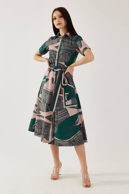 Buy Koai Beige Cotton Collared Tropical Pattern Shirt Dress Online at Aza Fashions Buy_Koai_Beige Cotton Collared Tropical Pattern Shirt Dress _Online_at_Aza_Fashions