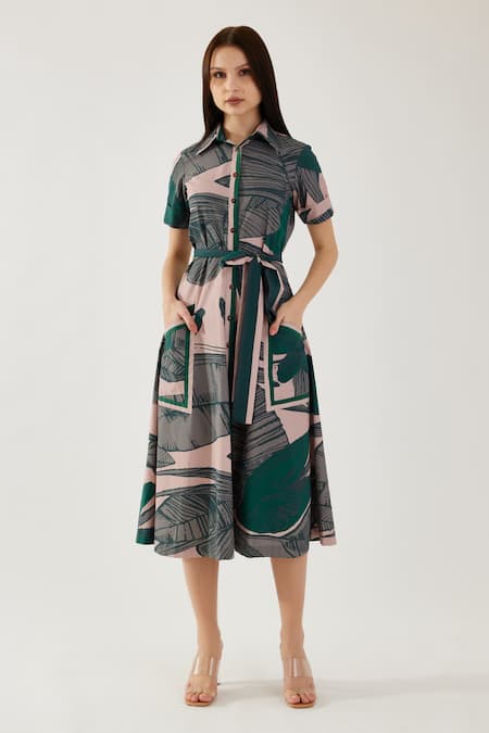 Shop Koai Beige Cotton Collared Tropical Pattern Shirt Dress Online at Aza Fashions Shop_Koai_Beige Cotton Collared Tropical Pattern Shirt Dress _Online_at_Aza_Fashions