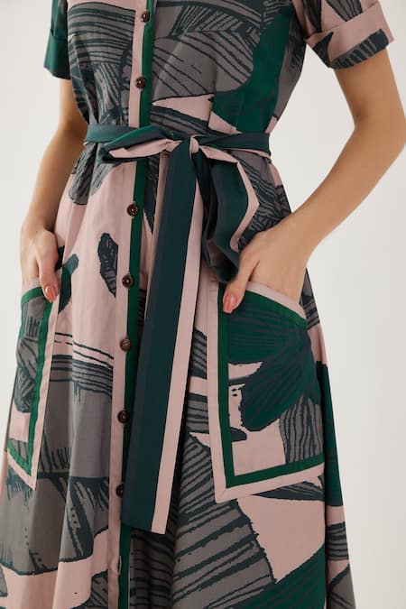 Koai Beige Cotton Collared Tropical Pattern Shirt Dress at Aza Fashions Koai_Beige Cotton Collared Tropical Pattern Shirt Dress _at_Aza_Fashions