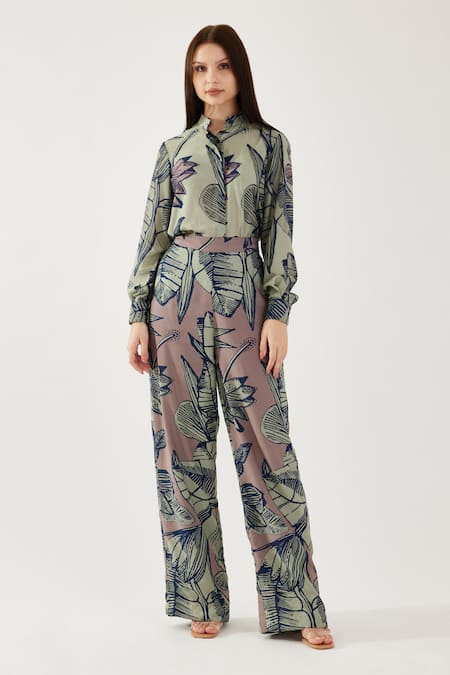 Koai Green Muslin, Cotton, Silk Embroidery Bandeau Neck Tropical Floral Pattern Shirt Online at Aza Fashions Koai_Green Muslin, Cotton, Silk Embroidery Bandeau Neck Tropical Floral Pattern Shirt _Online_at_Aza_Fashions