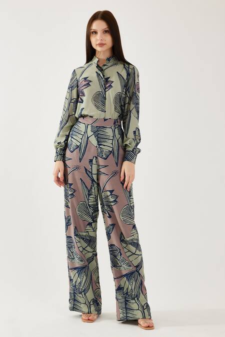 Koai_Green Muslin, Cotton, Silk Embroidery Floral Pattern Pant _Online_at_Aza_Fashions