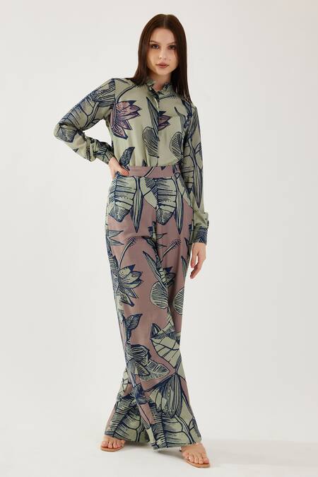 Buy_Koai_Green Muslin, Cotton, Silk Embroidery Floral Pattern Pant _Online_at_Aza_Fashions