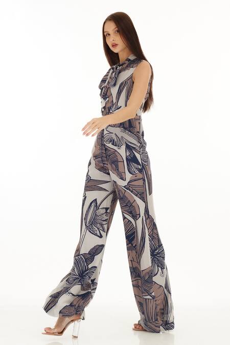 Koai_Cream Muslin, Cotton, Silk Embroidery Blossom Pattern Jumpsuit _Online_at_Aza_Fashions