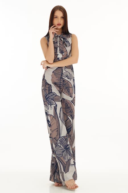 Buy_Koai_Cream Muslin, Cotton, Silk Embroidery Blossom Pattern Jumpsuit _Online_at_Aza_Fashions