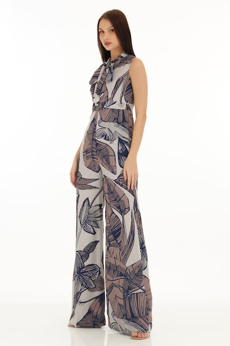 Shop_Koai_Cream Muslin, Cotton, Silk Embroidery Blossom Pattern Jumpsuit _Online_at_Aza_Fashions