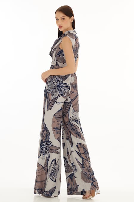 Shop_Koai_Cream Muslin, Cotton, Silk Embroidery Blossom Pattern Jumpsuit 