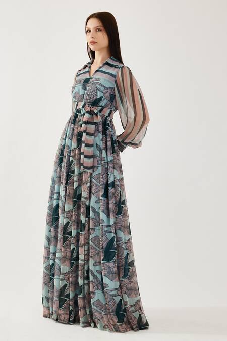 Koai_Sky Blue Chiffon Embroidery Collared Floral Pattern Belted Maxi Dress _Online_at_Aza_Fashions