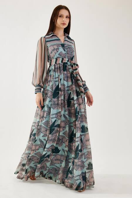 Buy_Koai_Sky Blue Chiffon Embroidery Collared Floral Pattern Belted Maxi Dress _Online_at_Aza_Fashions