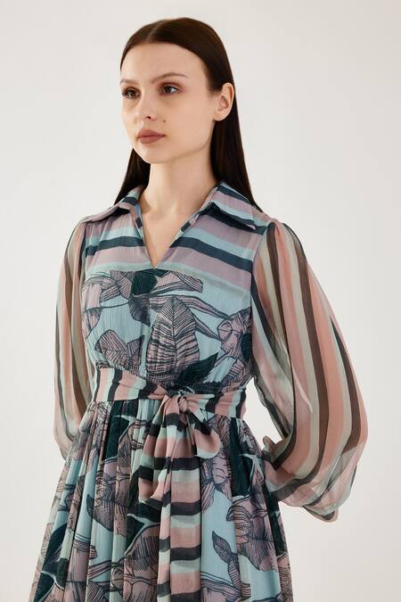 Shop_Koai_Sky Blue Chiffon Embroidery Collared Floral Pattern Belted Maxi Dress 