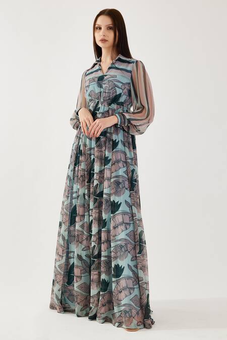Buy Sky Blue Chiffon Floral Shirt Collar Pattern Belted Maxi Dress For  Women by KoAi Online at Aza Fashions.
