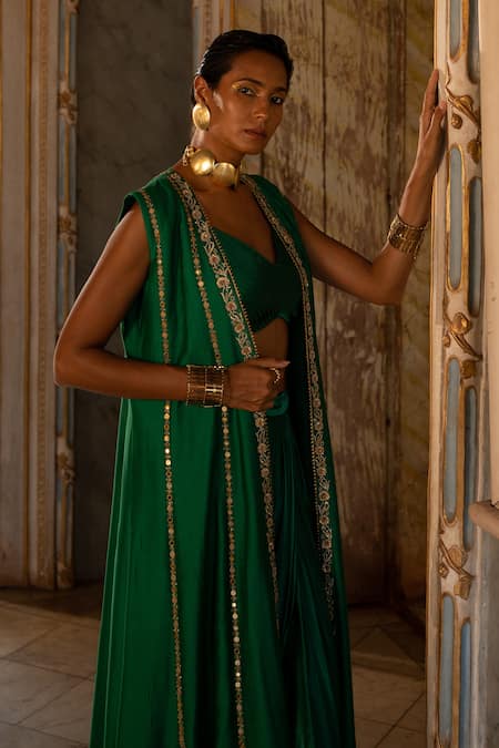 Paulmi And Harsh_Emerald Green Satin, Chanderi Silk Embroidery, Hand Choga And Draped Skirt Set _Online_at_Aza_Fashions