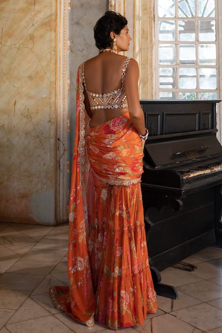 Shop Paulmi And Harsh Orange Crepe Mirrors, Embroidery Floral Print Sharara Saree With Blouse at Aza Fashions Shop_Paulmi And Harsh_Orange Crepe Mirrors, Embroidery Floral Print Sharara Saree With Blouse _at_Aza_Fashions