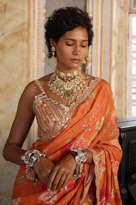 Paulmi And Harsh Orange Crepe Mirrors, Embroidery Floral Print Sharara Saree With Blouse Online at Aza Fashions Paulmi And Harsh_Orange Crepe Mirrors, Embroidery Floral Print Sharara Saree With Blouse _Online_at_Aza_Fashions