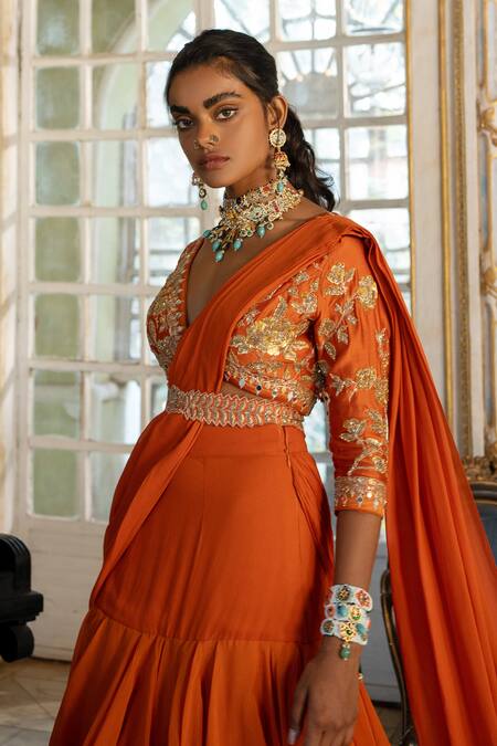 Paulmi And Harsh Orange Organza, Chiffon Embroidery Plunge Pre-draped Ruffle Saree With Blouse Online at Aza Fashions Paulmi And Harsh_Orange Organza, Chiffon Embroidery Plunge Pre-draped Ruffle Saree With Blouse _Online_at_Aza_Fashions