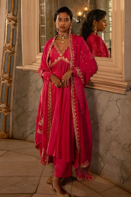 Paulmi And Harsh_Pink Cotton, Silk, Organza Embroidery V-neck Anarkali Pant Set _Online_at_Aza_Fashions