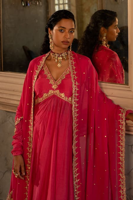 Buy_Paulmi And Harsh_Pink Cotton, Silk, Organza Embroidery V-neck Anarkali Pant Set _Online_at_Aza_Fashions