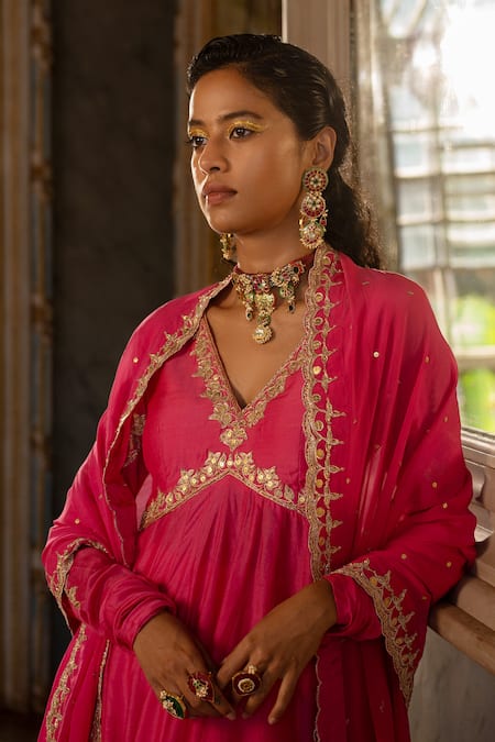 Shop_Paulmi And Harsh_Pink Cotton, Silk, Organza Embroidery V-neck Anarkali Pant Set _Online_at_Aza_Fashions