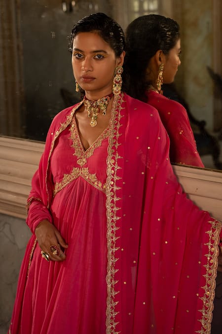 Paulmi And Harsh_Pink Cotton, Silk, Organza Embroidery V-neck Anarkali Pant Set _at_Aza_Fashions