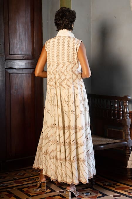 Shop Paulmi And Harsh Ivory Crepe Cut Work, Embroidery Mandarin Collar, Floral Jacket And Pant Set at Aza Fashions Shop_Paulmi And Harsh_Ivory Crepe Cut Work, Embroidery Mandarin Collar, Floral Jacket And Pant Set _at_Aza_Fashions