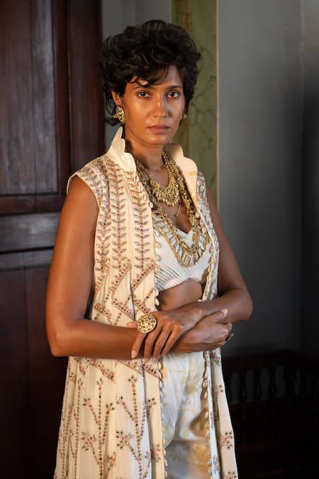 Paulmi And Harsh Ivory Crepe Cut Work, Embroidery Mandarin Collar, Floral Jacket And Pant Set Online at Aza Fashions Paulmi And Harsh_Ivory Crepe Cut Work, Embroidery Mandarin Collar, Floral Jacket And Pant Set _Online_at_Aza_Fashions