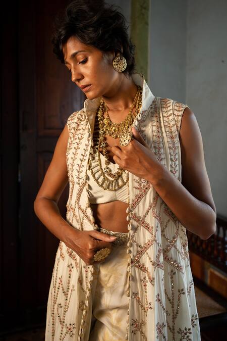 Shop Paulmi And Harsh Ivory Crepe Cut Work, Embroidery Mandarin Collar, Floral Jacket And Pant Set Online at Aza Fashions Shop_Paulmi And Harsh_Ivory Crepe Cut Work, Embroidery Mandarin Collar, Floral Jacket And Pant Set _Online_at_Aza_Fashions