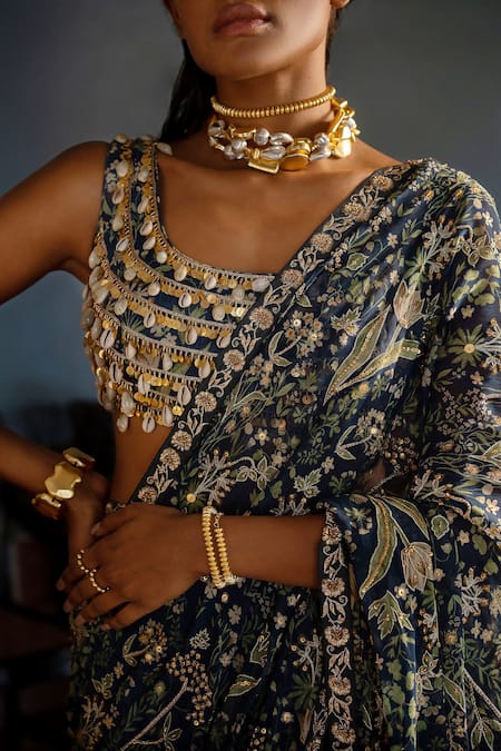 Paulmi And Harsh_Blue Satin, Georgette, Tropical Print Pre-draped Saree With Blouse _Online_at_Aza_Fashions