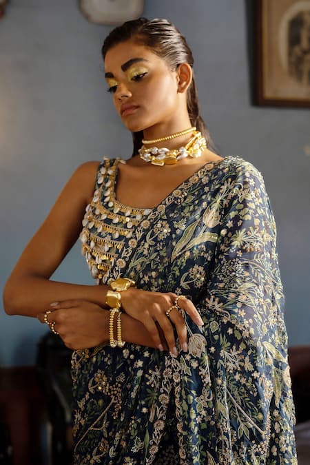 Buy_Paulmi And Harsh_Blue Satin, Georgette, Tropical Print Pre-draped Saree With Blouse _Online_at_Aza_Fashions