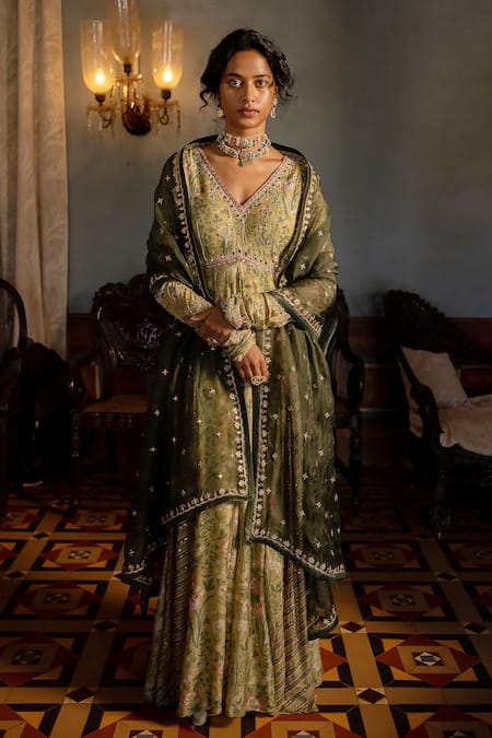 Paulmi and Harsh Green Anarkali Cotton Silk Printed And Hand Embroidered With Dupatta 