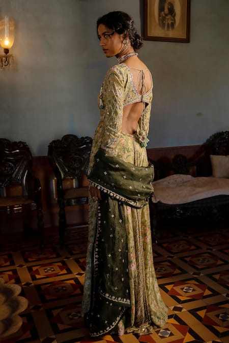 Shop Paulmi And Harsh Green Cotton, Silk, Tissue Beads, Sequins, Tropical Print Anarkali With Dupatta at Aza Fashions Shop_Paulmi And Harsh_Green Cotton, Silk, Tissue Beads, Sequins, Tropical Print Anarkali With Dupatta _at_Aza_Fashions